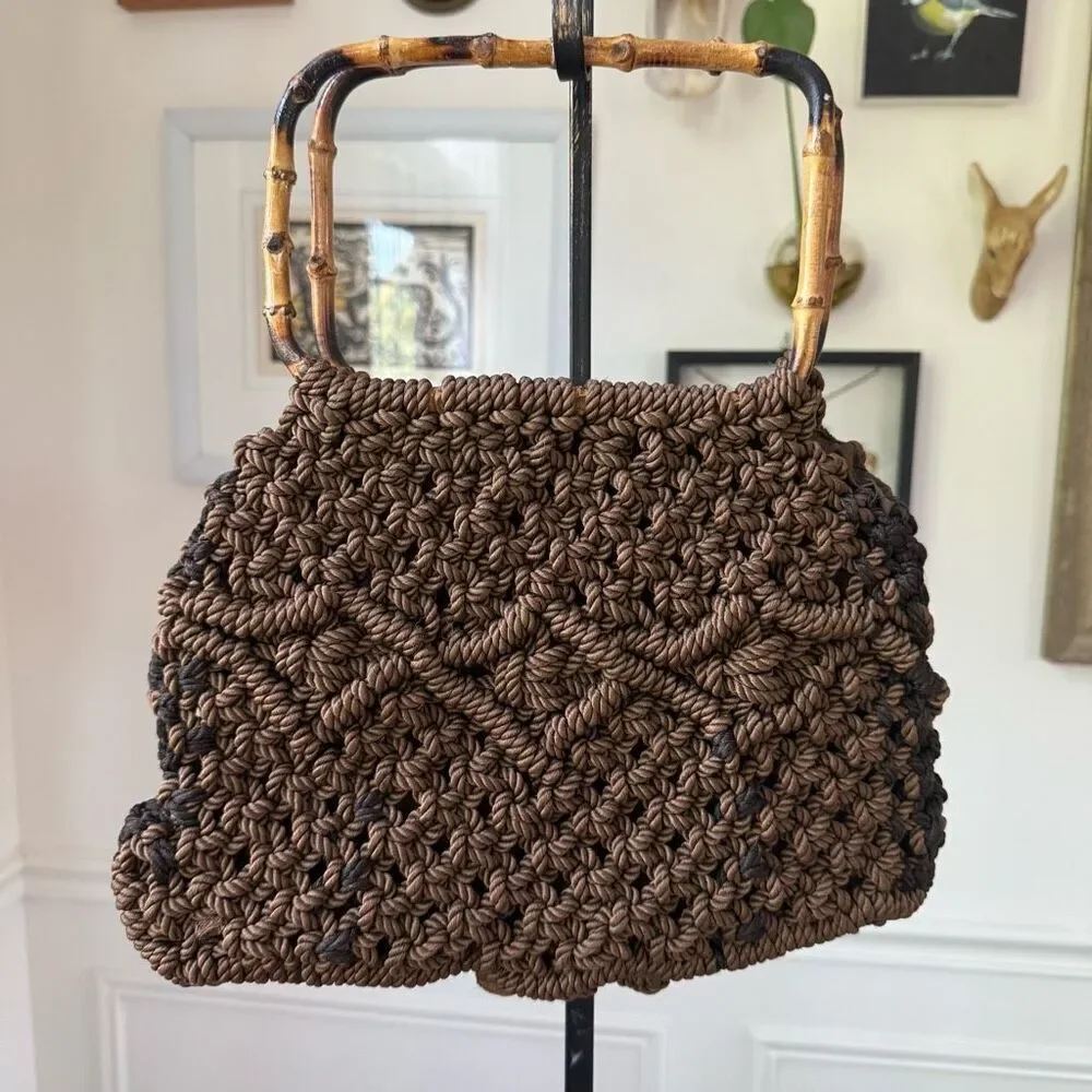 Vintage 70s Macrame Bamboo Handled Satchel Hand Bag Purse Brown